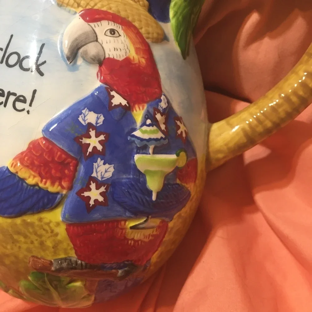 Its 5 O'clock Somewhere Tropical Parrot Palm Tree Ceramic Margarita Pitcher Read